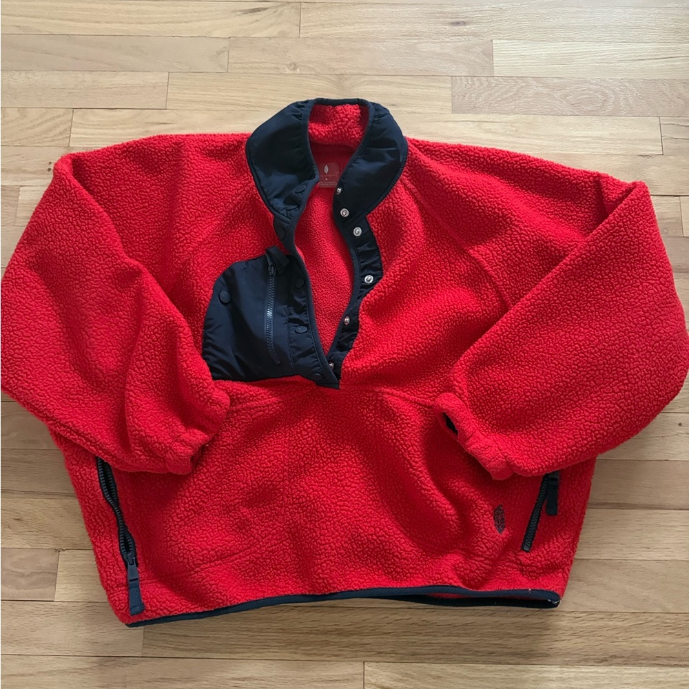 Free People Red Fleece Pullover with Navy Accents